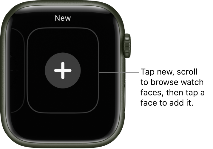 New watch face screen, with a plus button in the middle. Tap to add a new watch face.