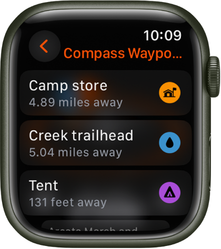 The Compass app showing list of waypoints.