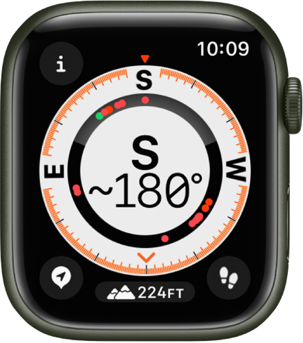 The Compass app showing a dial with the compass heading in the middle, dots representing waypoints in the inner ring, and compass points on the outer ring. The Info button is at the top left, the Waypoints button is at the lower left, the Elevation button is at the middle bottom, and the Backtrack button is at the lower right.