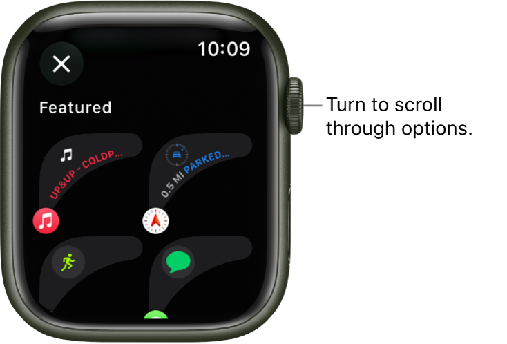 The customize screen for a watch face showing featured complications. Turn the Digital Crown to browse complications.
