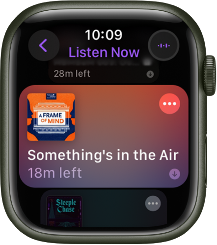 The Podcasts app on Apple Watch showing the Listen Now screen with podcast artwork. Tap the artwork to play the episode.