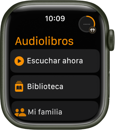 La app Audiolibros mostrando los botones Escuchar, Biblioteca y Mi familia.