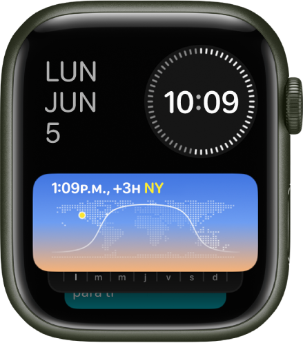 La pila inteligente en el Apple Watch mostrando tres widgets: día y fecha en la parte superior izquierda, reloj digital en la parte superior derecha y Reloj Mundial en medio.