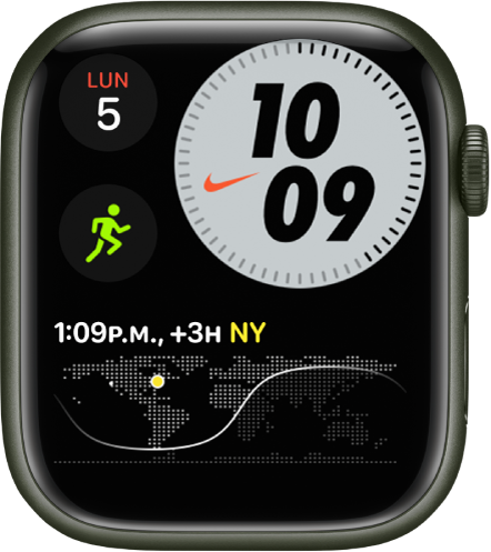 La carátula Nike (compacto) mostrando el día y la fecha en la esquina superior izquierda, la hora en la esquina superior derecha, la complicación Entrenamiento en la mitad izquierda y la complicación Reloj Mundial.