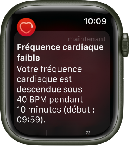 L’écran Fréquence cardiaque faible affichant une notification mentionnant que votre fréquence cardiaque est tombée sous 40 bpm pendant 10 minutes.