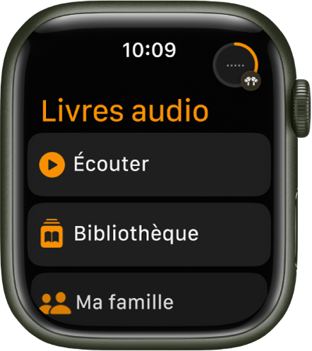 L’app Livres audio présentant les boutons Écouter, Bibliothèque et Ma famille.