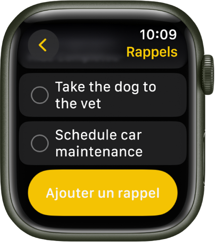 L’app Rappels affichant deux rappels. Les rappels se trouvent en haut de l’écran et un bouton Ajouter un rappel apparaît en dessous.