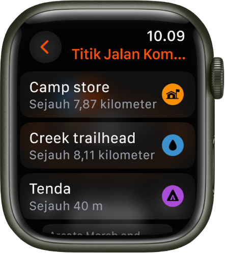 App Kompas menampilkan daftar titik jalan.