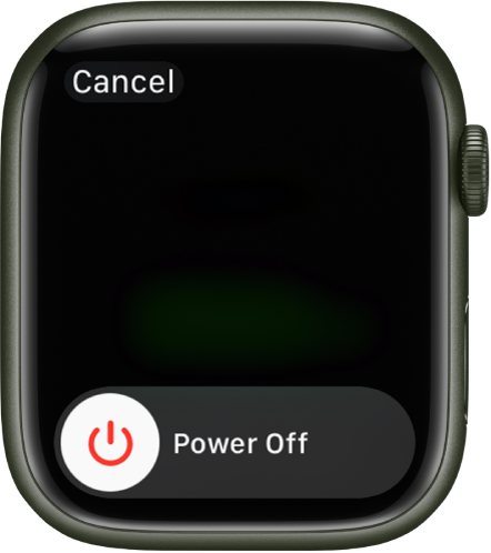 „Apple Watch“ ekranas, kuriame rodomi slankiklis „Power Off“. Vilkite slankiklį, kad išjungtumėte „Apple Watch“.