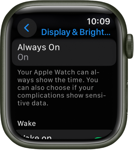Ekranas „Display & Brightness“, kuriame rodomas mygtukas „Always On“.