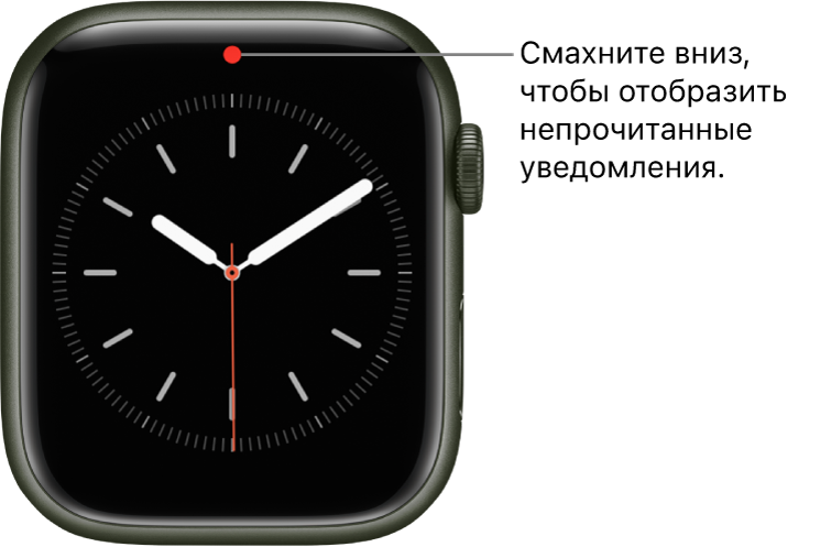 При наличии непрочитанных уведомлений в центре верхней части циферблата отображается красная точка.