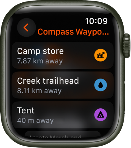 Aplikacija Compass (Kompas), ki prikazuje seznam točk poti.