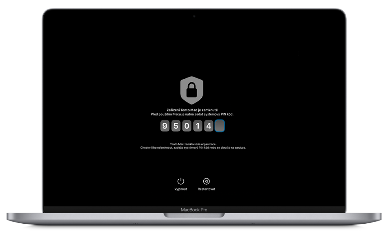 Mac se zobrazenou zprávou o uzamčení režimu recoveryOS.