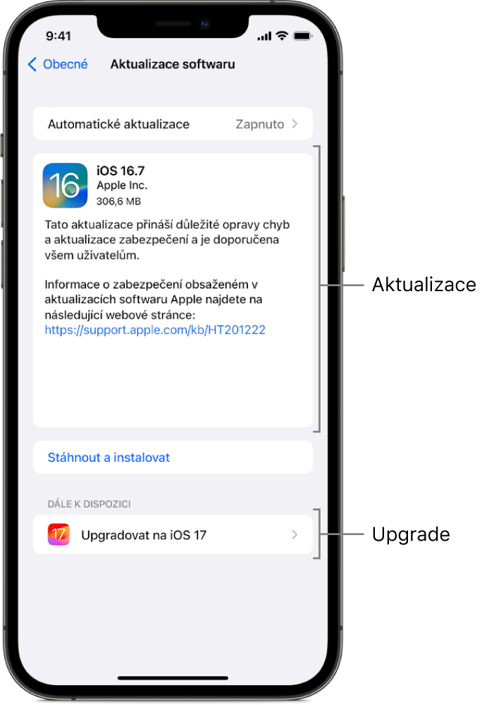 Obrazovka iPhonu se zobrazenou možností aktualizace na iOS 16.7 nebo upgradu na iOS 17.