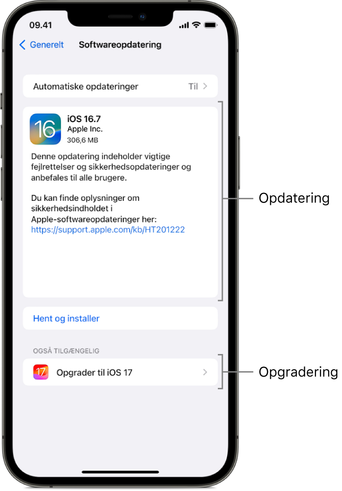 En iPhone-skærm, der viser en opdatering til iOS 16.7 eller en opgradering til iOS 17.