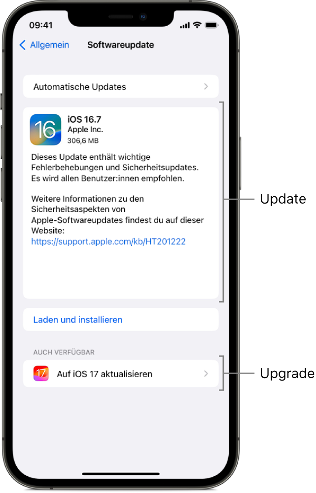 Ein iPhone-Bildschirm zeigt ein Update für iOS 16.7 oder ein Upgrade für iOS 17.