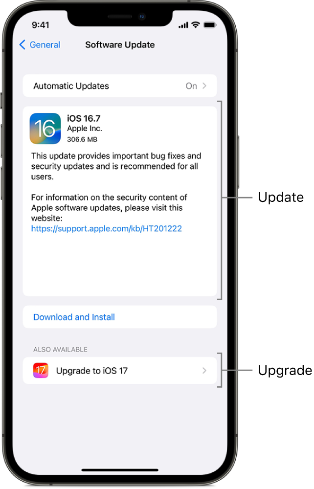An iPhone screen showing an update to iOS 16.7 or an upgrade to iOS 17.