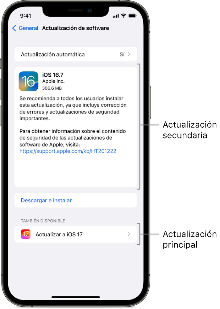 La pantalla de un iPhone mostrando una actualización menor a iOS 16.7 o una actualización mayor a iOS 17.