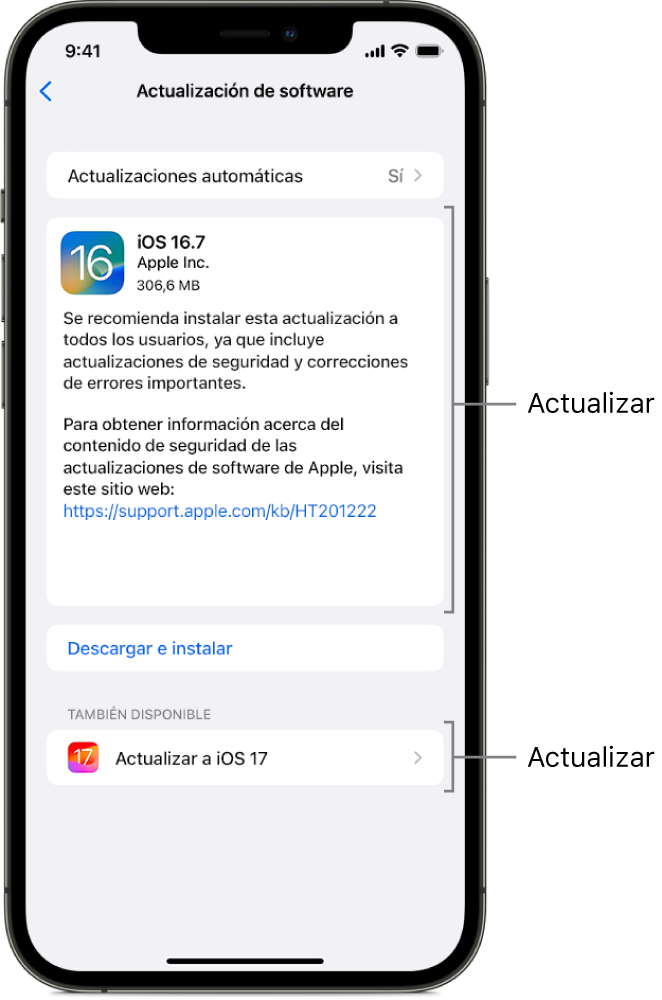 Una pantalla de iPhone donde se ve una actualización a iOS 16.7 o una actualización principal a iOS 17.