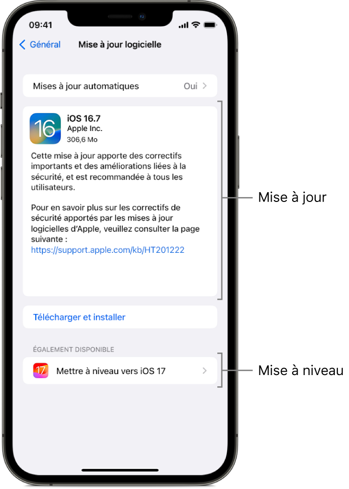 Écran d’un iPhone affichant une mise à jour vers iOS 16.7 ou une mise à niveau vers iOS 17.