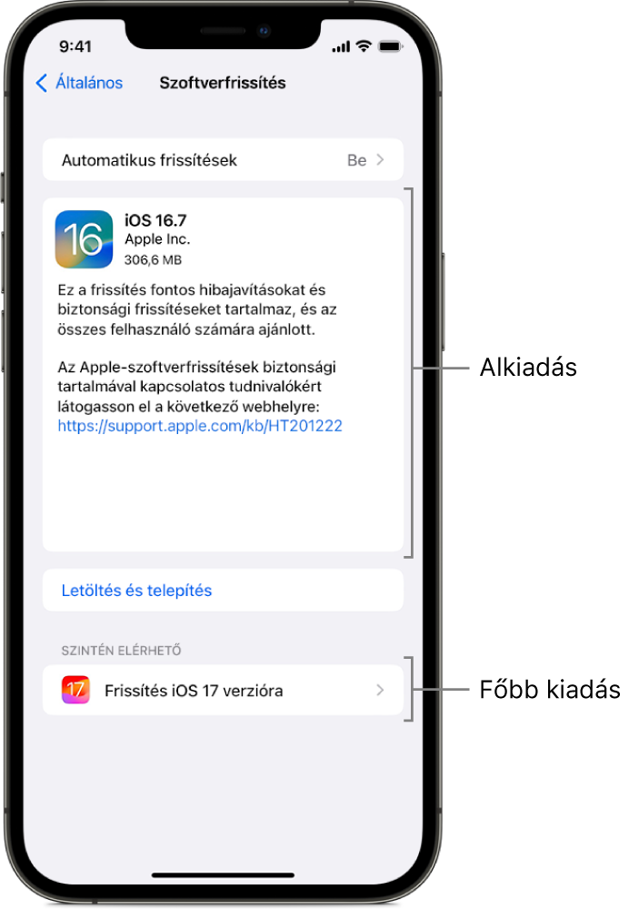 Egy iPhone kijelzője mutat egy alverziós frissítést iOS 16.7 rendszerre vagy főverziós frissítést iOS 17 rendszerre.