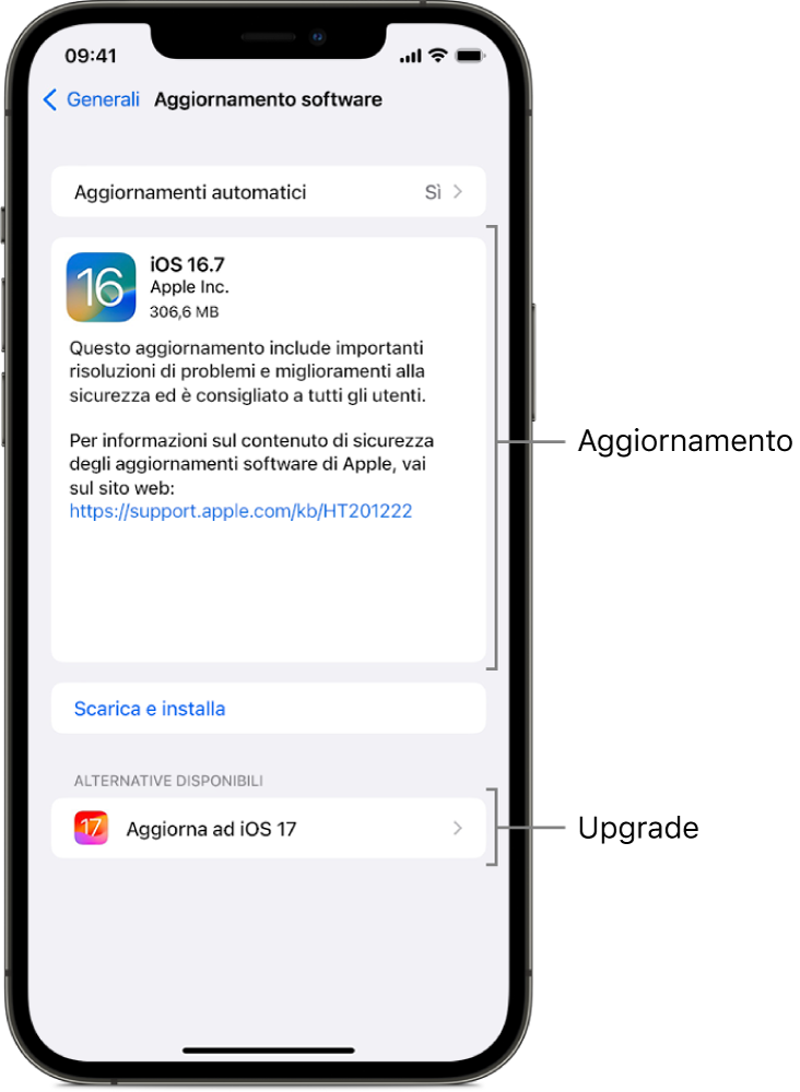 Una schermata di iPhone che mostra un aggiornamento a iOS 16.7 o un upgrade a iOS 17.