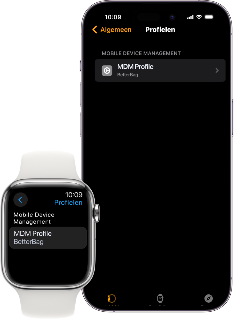 Een Apple Watch en iPhone die door een MDM-oplossing (Mobile Device Management) worden beheerd.