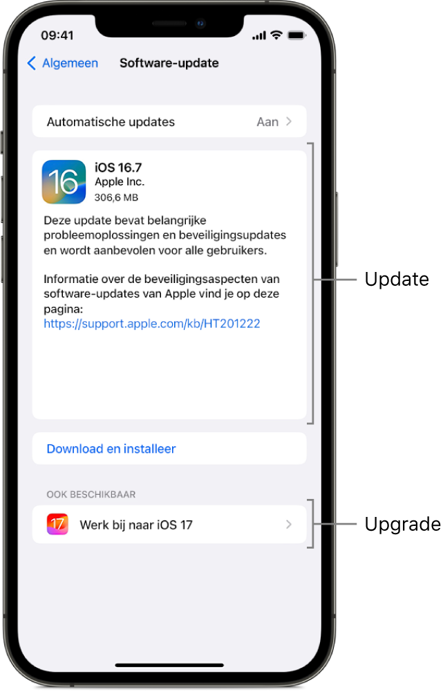Een iPhone-scherm met daarop een update naar iOS 16.7 of een upgrade naar iOS 17.