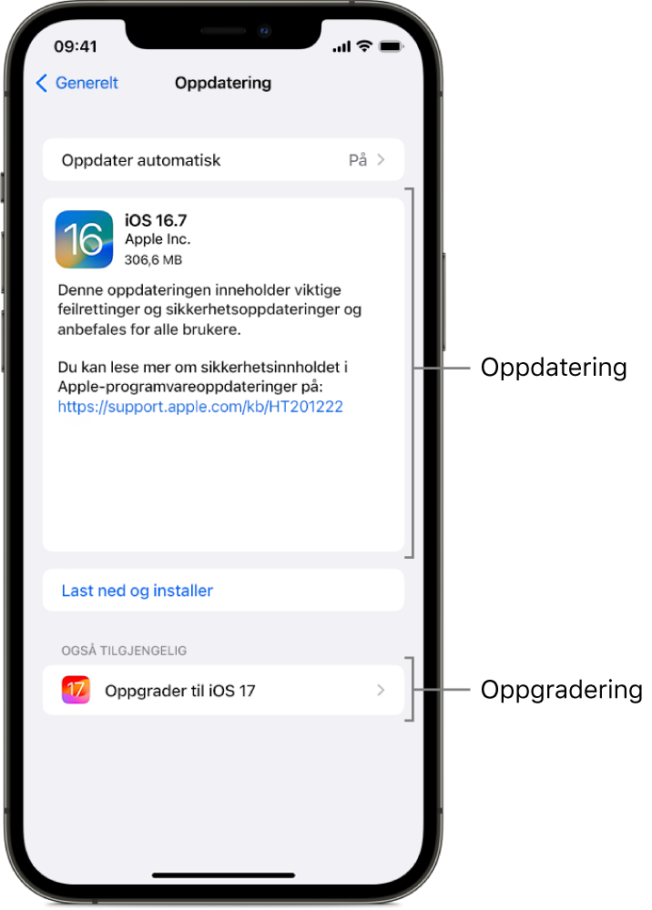 En iPhone-skjerm som viser en oppdatering til iOS 16.7 eller en oppgradering til iOS 17.
