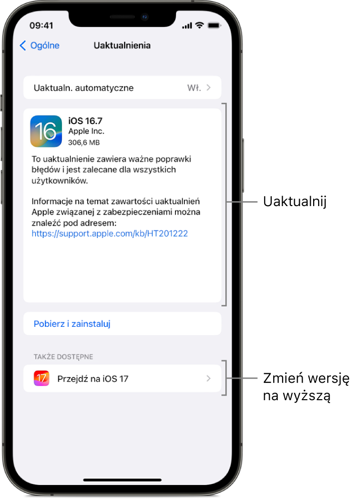 Ekran iPhone’a z uaktualnieniem do systemu iOS 16.7 oraz uaktualnieniem głównym do systemu iOS 17.