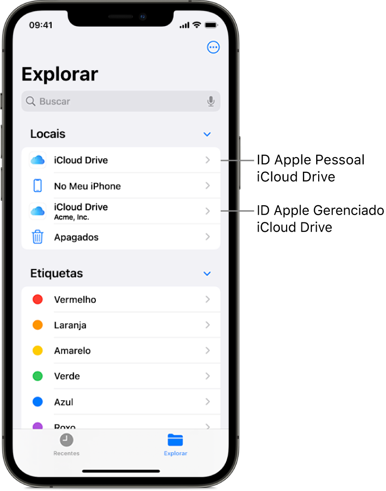 A tela do iPhone mostrando o iCloud Drive para o ID Apple pessoal de um usuário e seu ID Apple gerenciado.