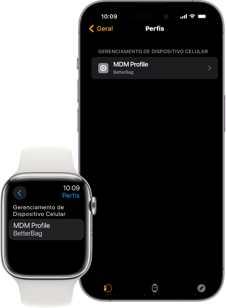Apple Watch e iPhone mostrando que são gerenciados por uma solução de gerenciamento de dispositivos móveis (MDM).