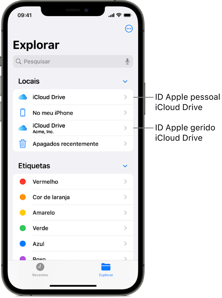 O ecrã de um iPhone a mostrar o iCloud Drive de um ID Apple de utilizador e o ID Apple gerido.