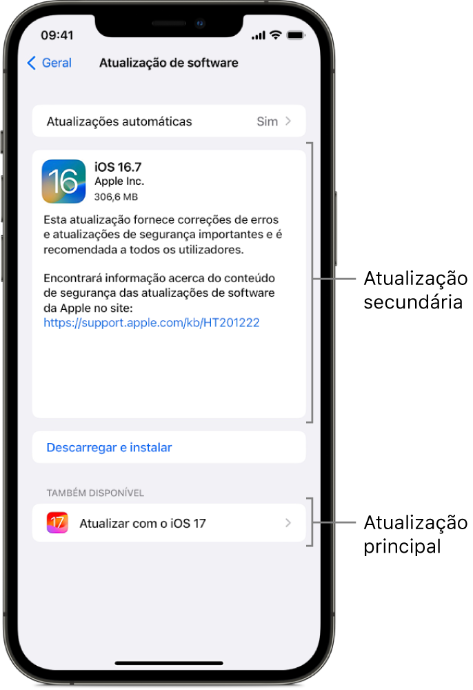 O ecrã de um iPhone com uma atualização secundária para o iOS 16.7 ou uma atualização principal para o iOS 17.