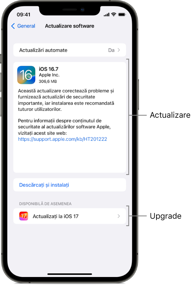 Ecranul unui iPhone afișând o actualizare la iOS 16.7 sau un upgrade la iOS 17.