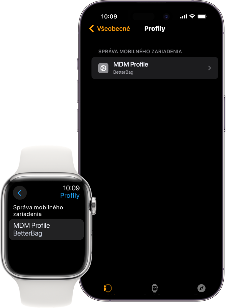 Apple Watch a iPhone, na ktorých je vidieť, že ich spravuje riešenie správy mobilných zariadení (MDM).