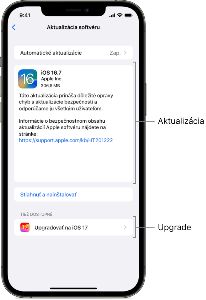 Obrazovka iPhonu zobrazujúca aktualizáciu na iOS 16.7 alebo upgrade na iOS 17.