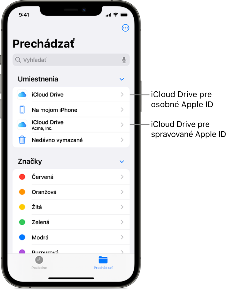 Obrazvka iPhonu so zobrazeným iCloud Drivom pre osobné Apple ID užívateľa a pre jeho spravované Apple ID.