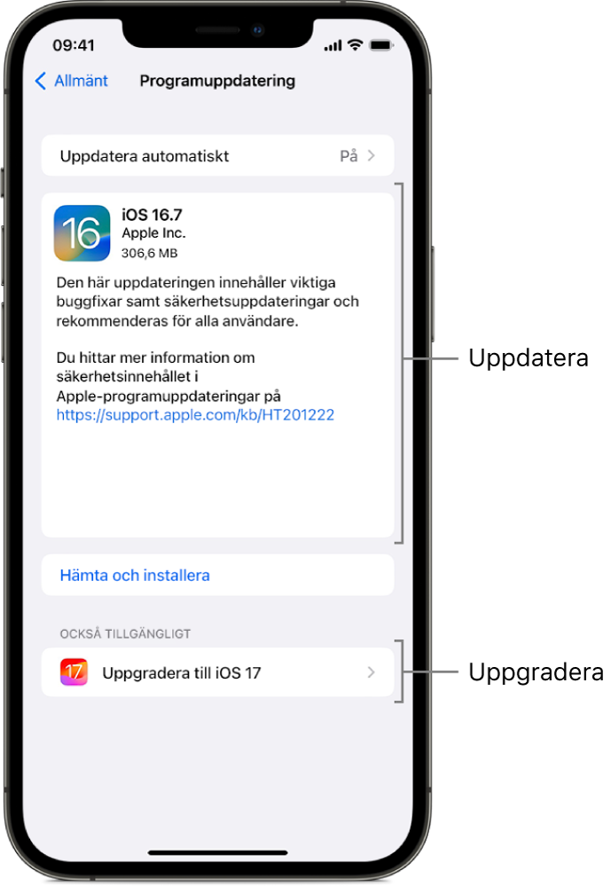 En iPhone-skärm visar en uppdatering till iOS 16.7 eller en uppgradering till iOS 17.