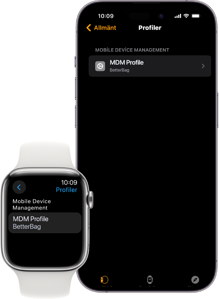 En Apple Watch och iPhone visar att de hanteras av en MDM-lösning.