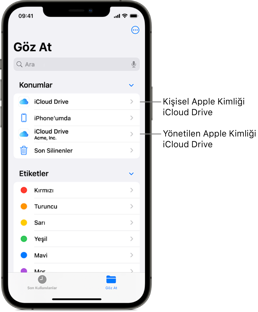 Bir kullanıcının kişisel Apple kimliği ve Yönetilen Apple Kimliği için iCloud Drive’ı gösteren iPhone ekranı.