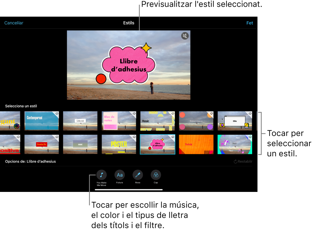 El visor mostra una previsualització de l’estil seleccionat i les opcions d’estil a sota. Els botons per afegir música, seleccionar el color i el tipus de lletra dels títols i aplicar un filtre a la part inferior de la pantalla.
