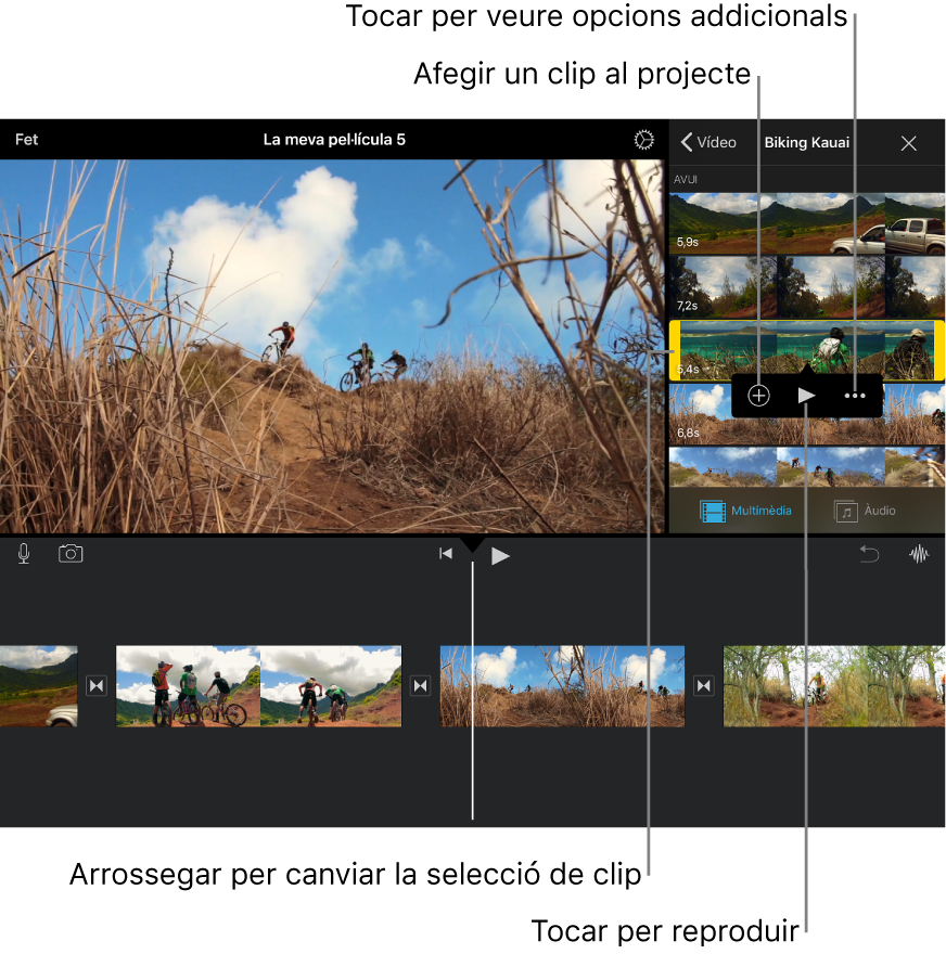 Un clip seleccionat a l’explorador multimèdia, amb tiradors grocs a cada banda i els botons “Afegir al projecte”, Reproduir i “Més opcions” a sota.
