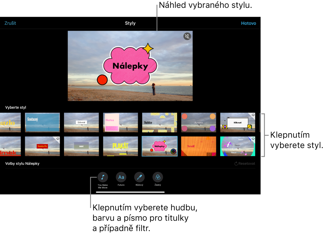Prohlížeč, v němž je vidět náhled vybraného stylu a pod ním volby stylu. Dole na obrazovce jsou vidět tlačítka pro přidání hudby, výběr barvy, výběr písma pro titulky a přidání filtru.