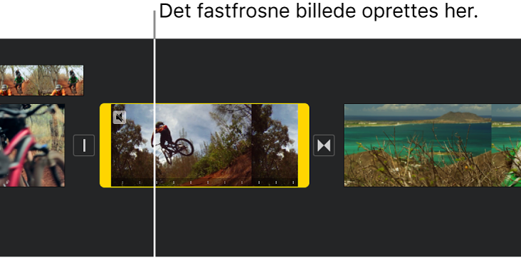 Et videoklip på tidslinjen med gule udsnitshåndtag i hver ende, og afspilningsmærket placeret, hvor det fastfrosne billede vil blive tilføjet.