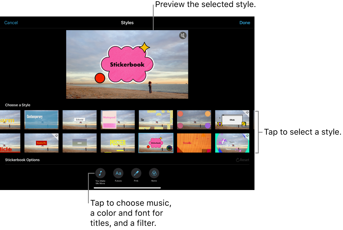 The viewer showing a preview of a selected style, with style options below. Buttons for adding music, selecting a color and font for titles, and adding a filter are at the bottom of the screen.
