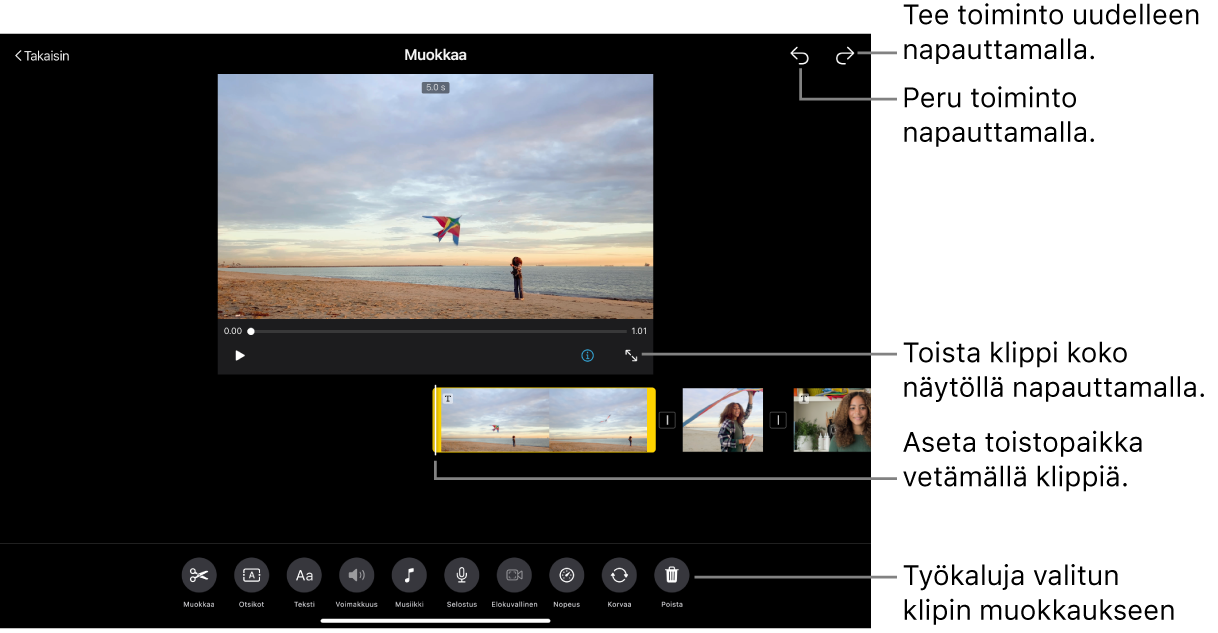 Klippiä muokataan kuvakäsikirjoitusprojektissa, ja klipin esikatselu näytetään katseluikkunassa. Näytön alareunassa ovat painikkeet klipin muokkaamista varten.