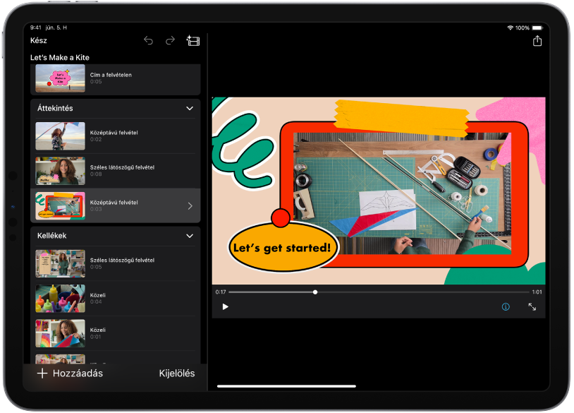 Egy storyboard projekt az iPad iMovie alkalmazásában.