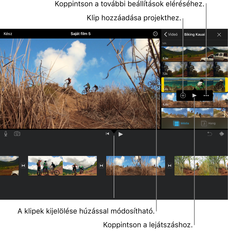 A médiaböngészőben kijelölt klip, amelynek oldalain sárga fogantyúk láthatók, alatta pedig a Hozzáadás a projekthez, a Lejátszás és a További opciók gomb.