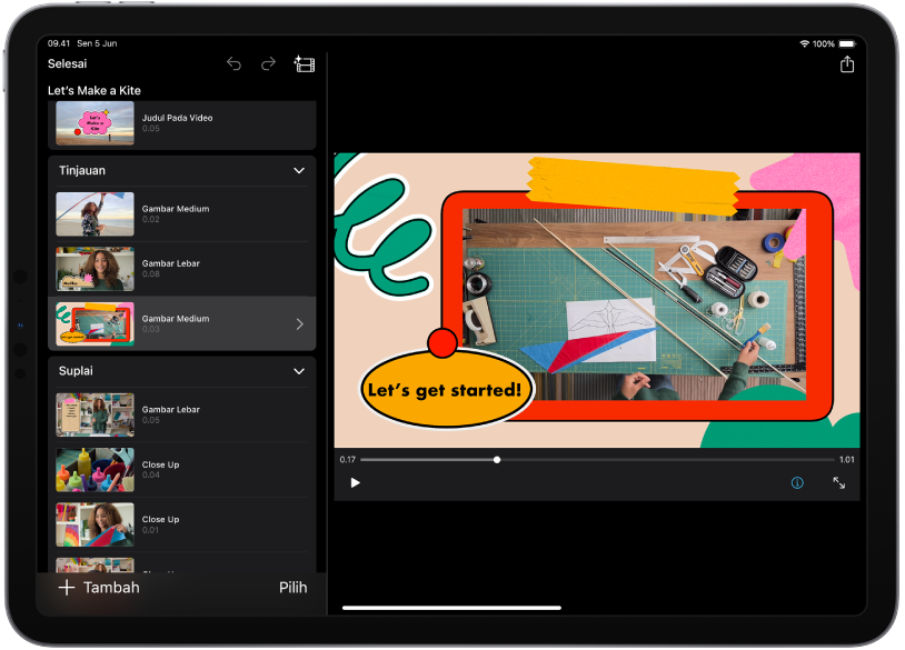 Proyek papan cerita di iMovie di iPad.
